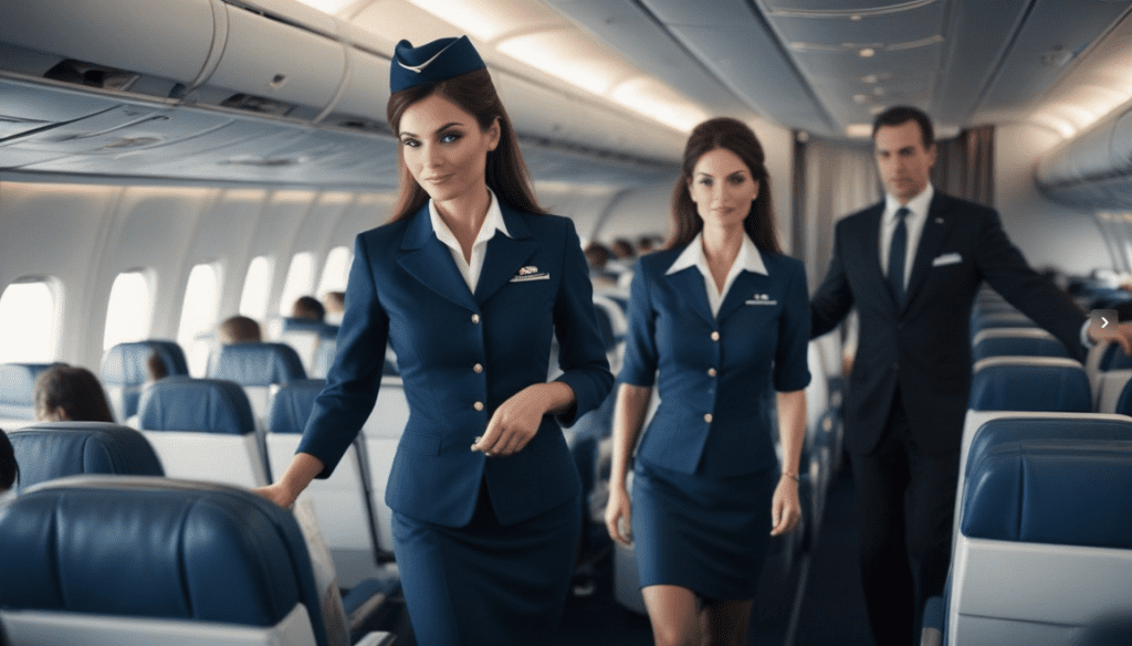 a group of women in blue uniforms walking on an airplane