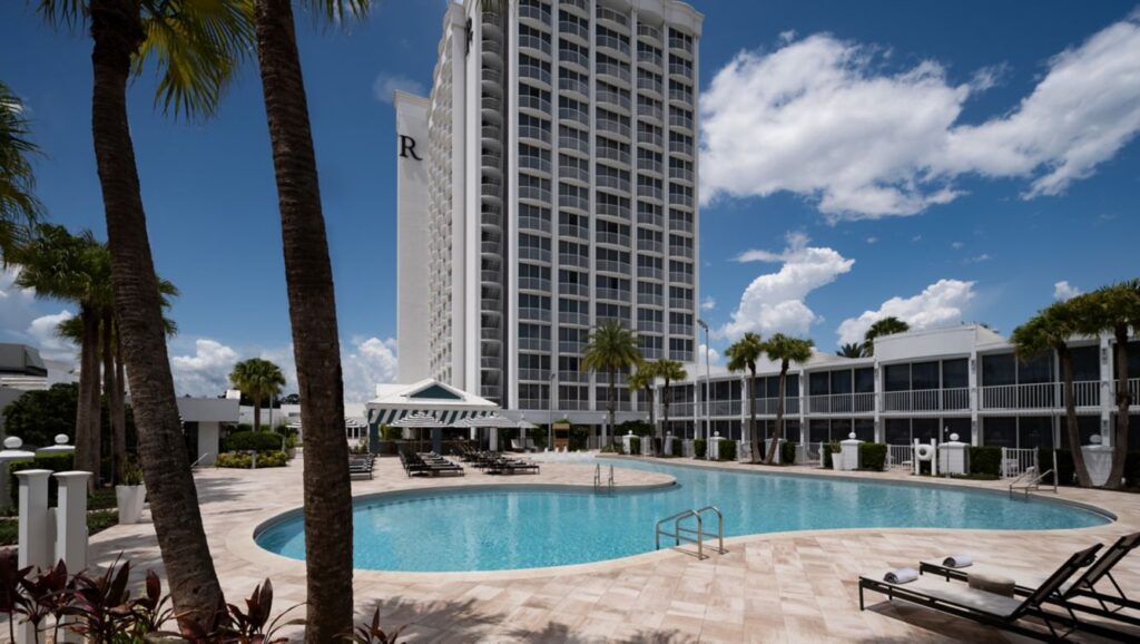 a pool in front of a building