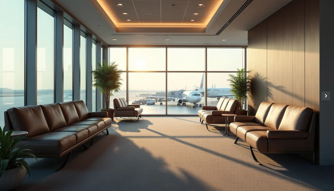 a lounge area with leather couches and chairs and a plane in the background