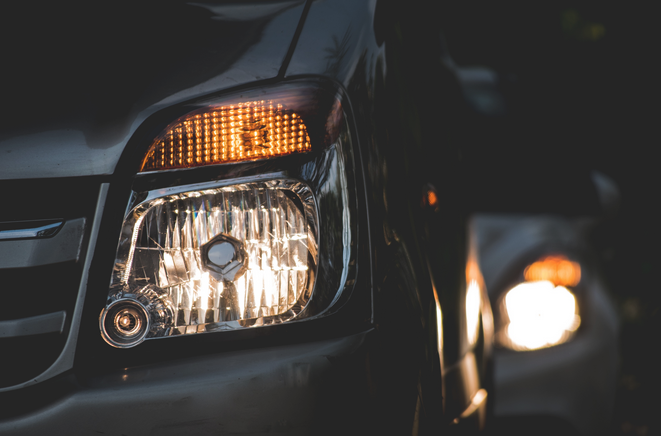 a close up of a car headlight