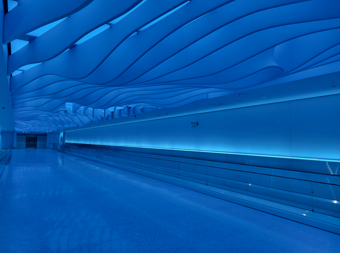 a blue room with a blue ceiling