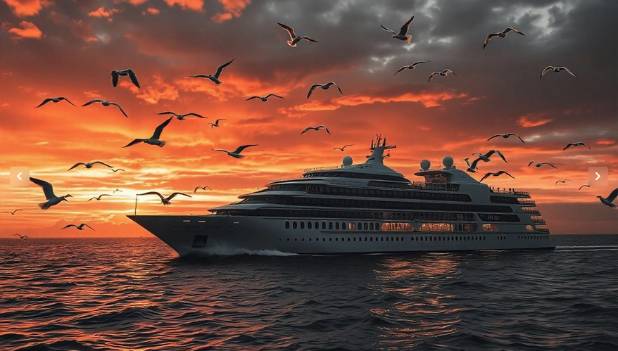 a large ship in the water with birds flying in the sky