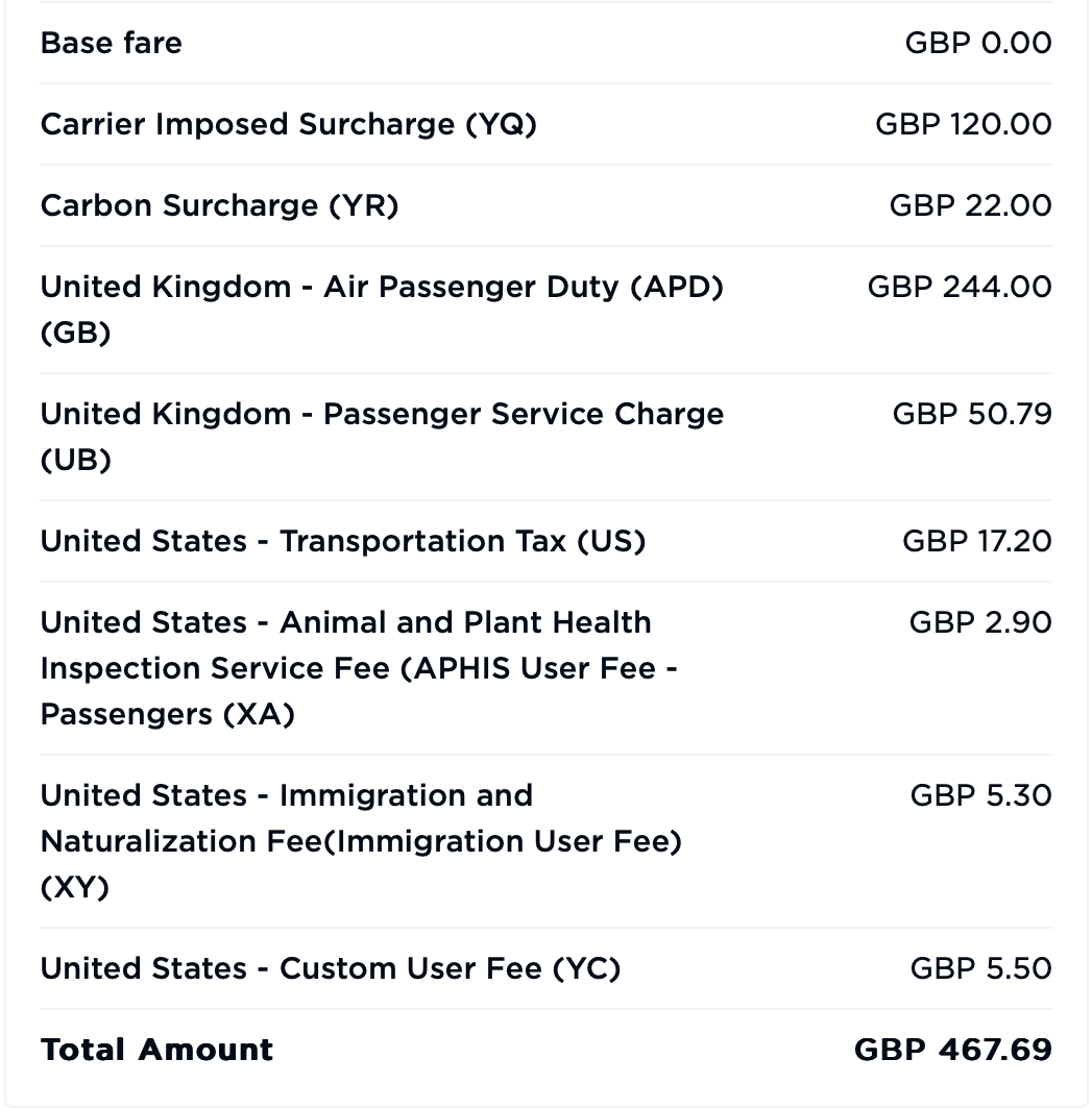 A breakdown of taxes and fees showing UK Air Passenger Duty (APD) as a separate line item