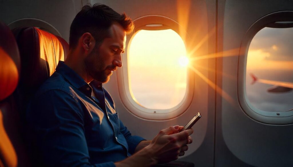 a man looking at his phone in an airplane