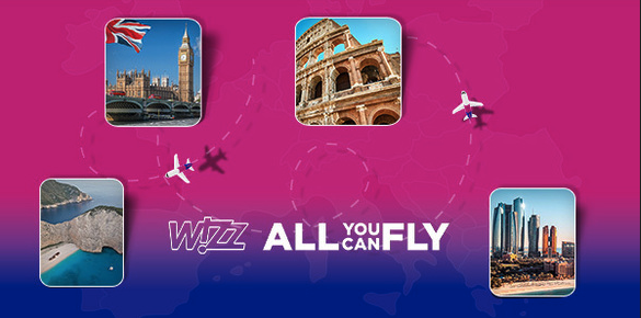 a pink and purple background with planes and buildings