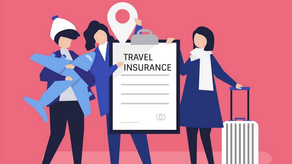 a group of people holding a travel insurance sign