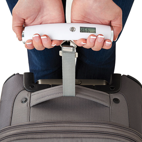 a person holding a luggage scale