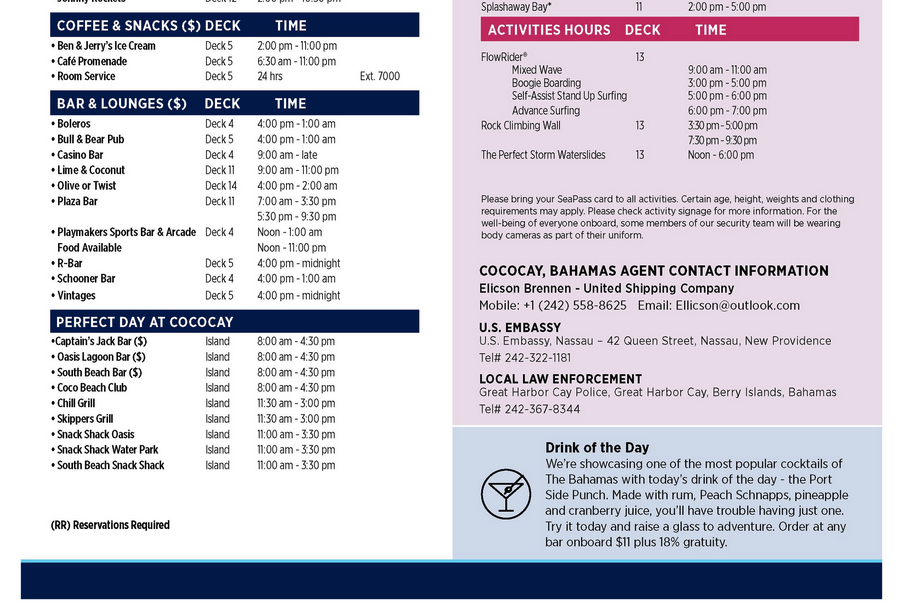 a close-up of a cruise ship schedule