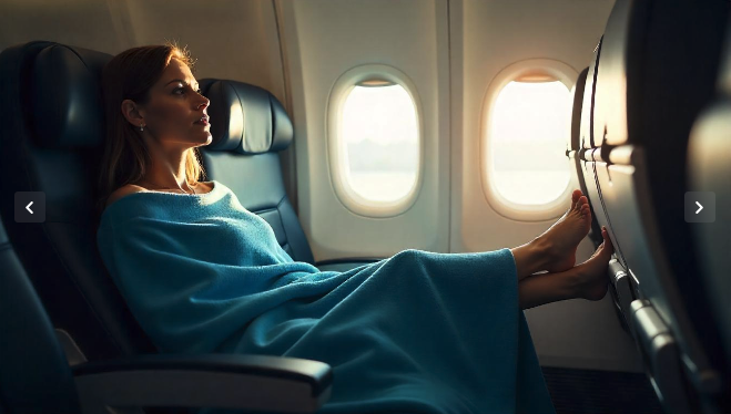 a woman in a blue blanket on an airplane