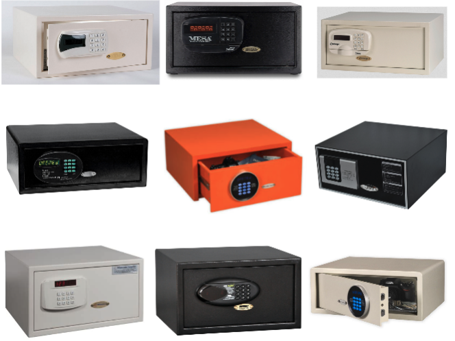 a collection of safes with a combination lock