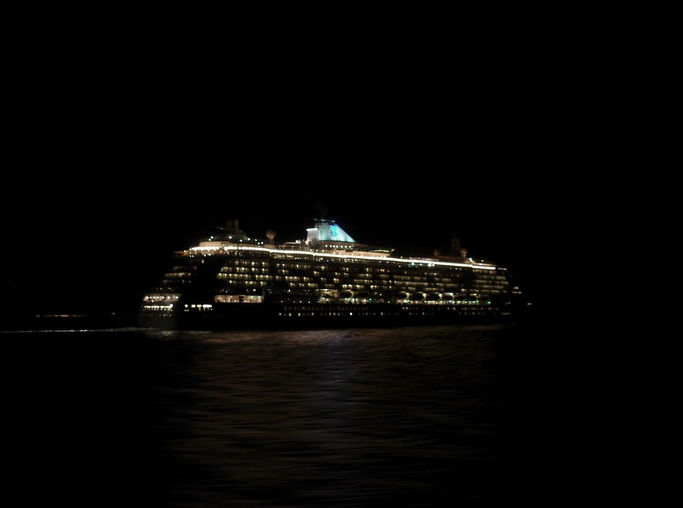 a cruise ship at night