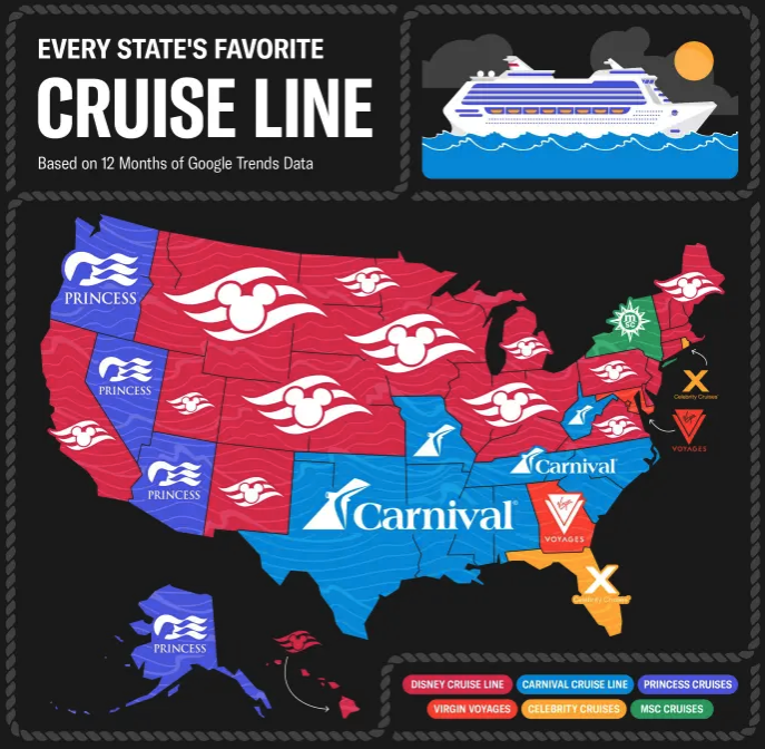 a map of the united states of america with a cruise ship