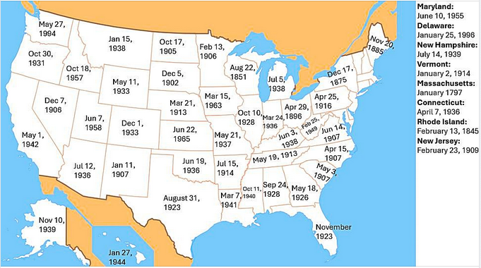 a map of the united states with numbers and dates