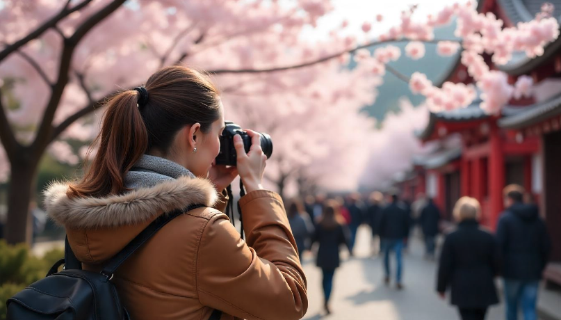 a woman taking a picture of a crowd