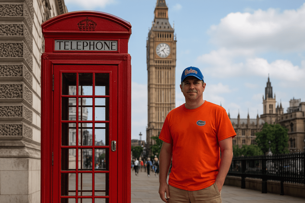 a man standing in front of a red telephone booth