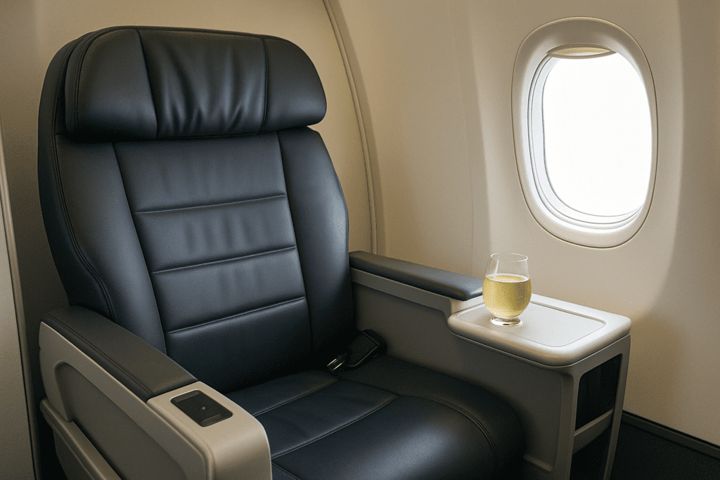 a glass of wine on a table in a plane