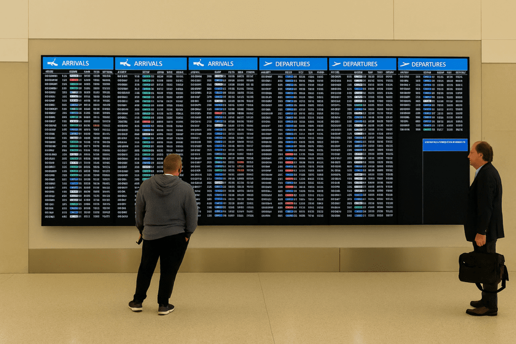 Two travelers standing in front of a large digital flight information board showing arrivals and departures at an airport