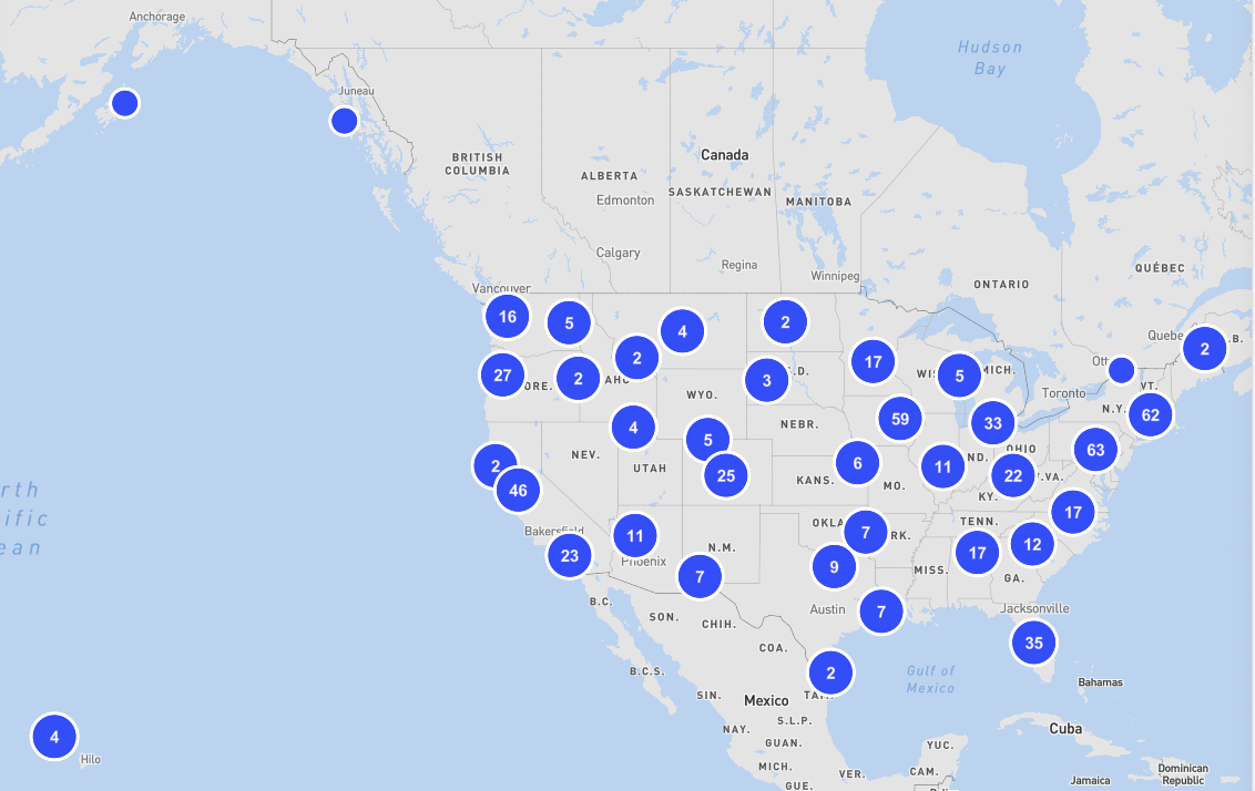 a map of the united states with blue circles