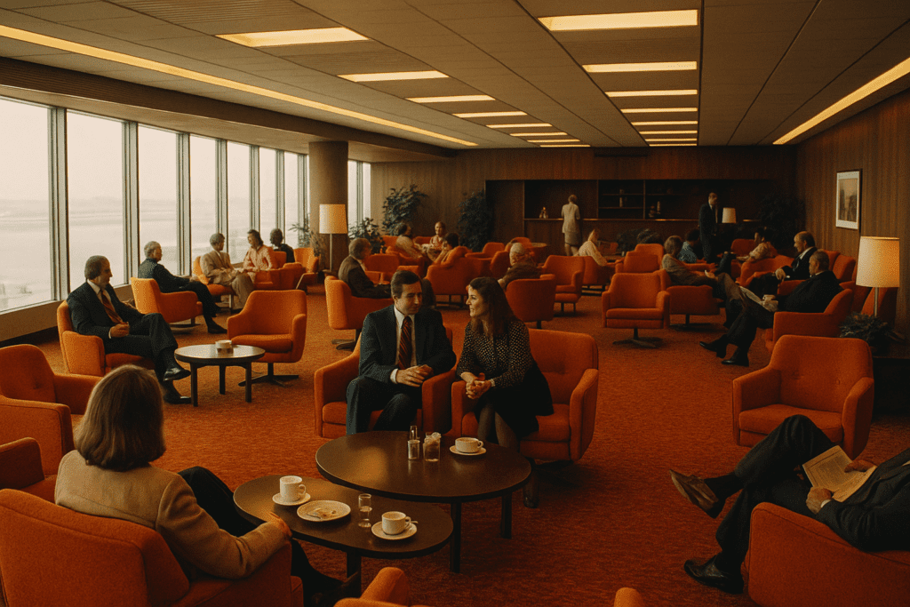1970s airport lounge with orange armchairs, round wooden tables, and large windows, where well-dressed travelers relax, chat, and sip drinks in a warm, wood-paneled setting.