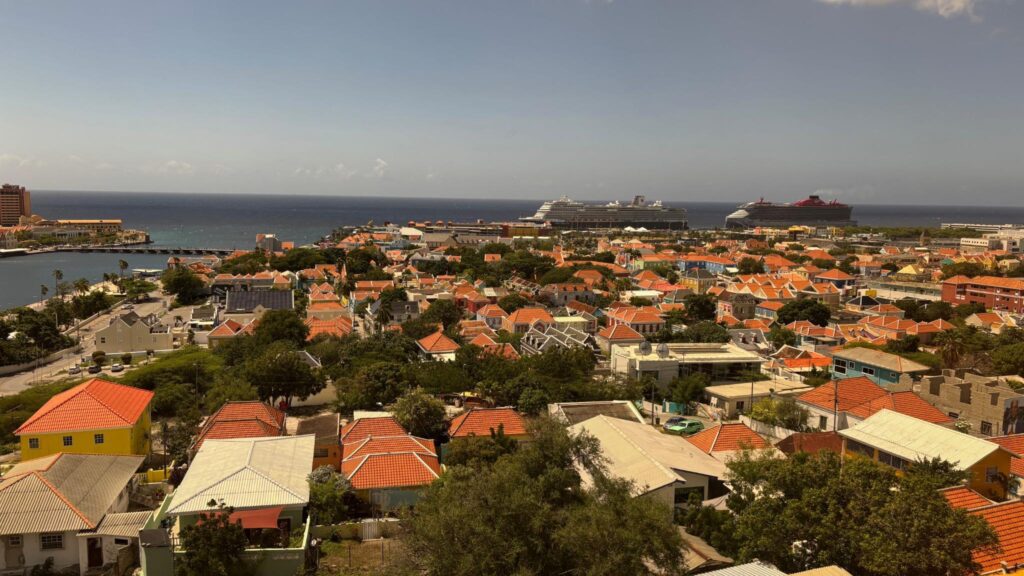 a city with orange roofs and a cruise ship in the background