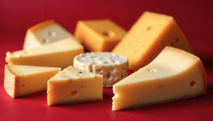 A variety of sliced and whole cheeses arranged on a red surface