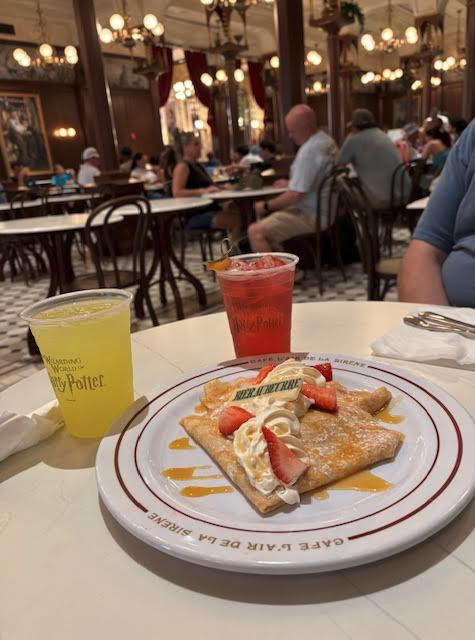 a plate of food and drinks