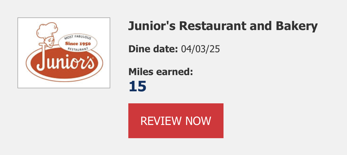 Screenshot showing SkyMiles Dining email confirming miles earned