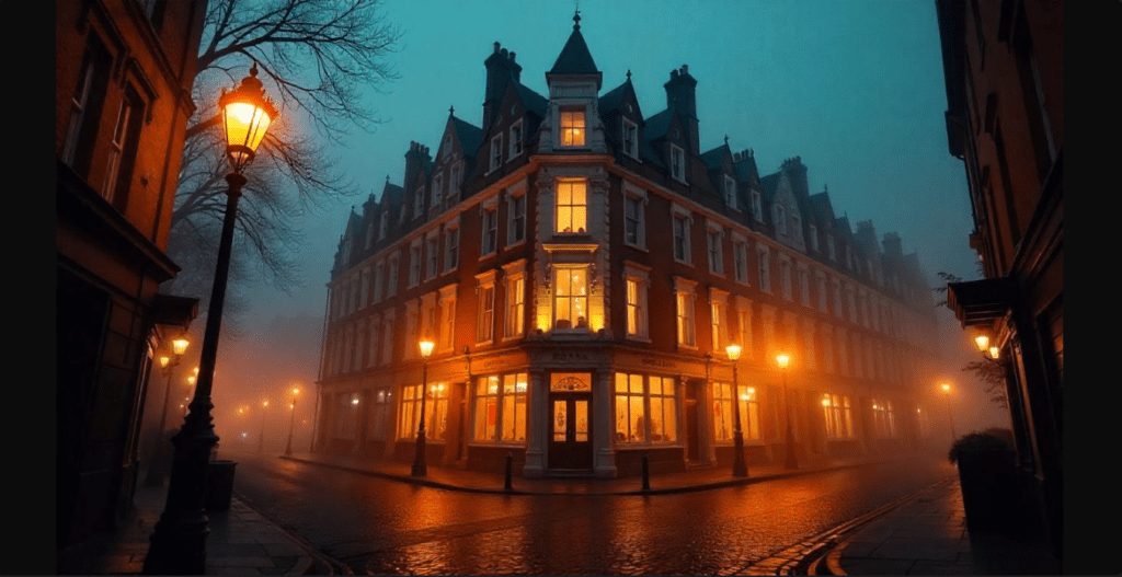 a building with lights on the side of it