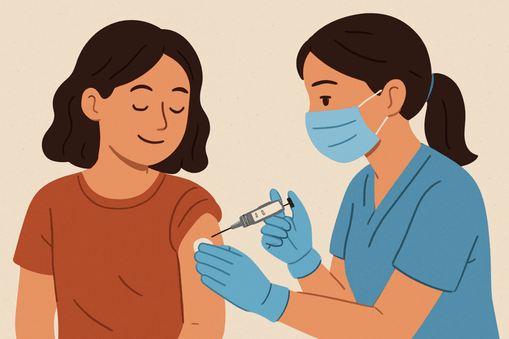 a woman in a mask giving a shot to a patient