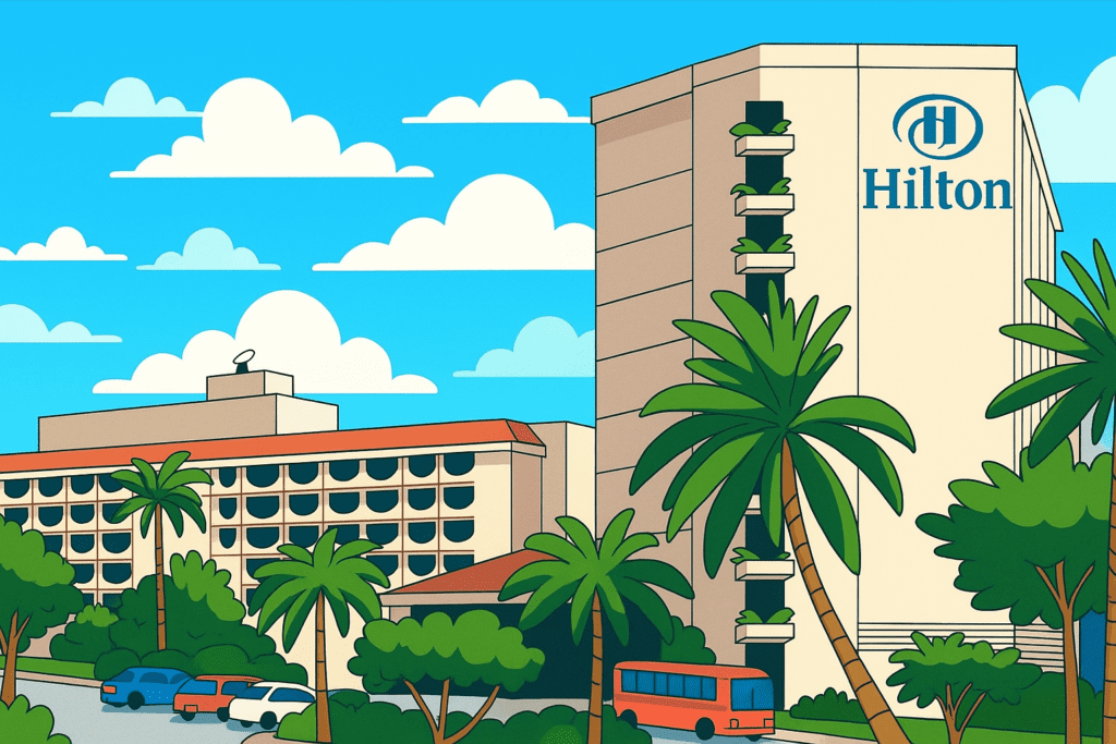 a cartoon of a city with palm trees and buildings