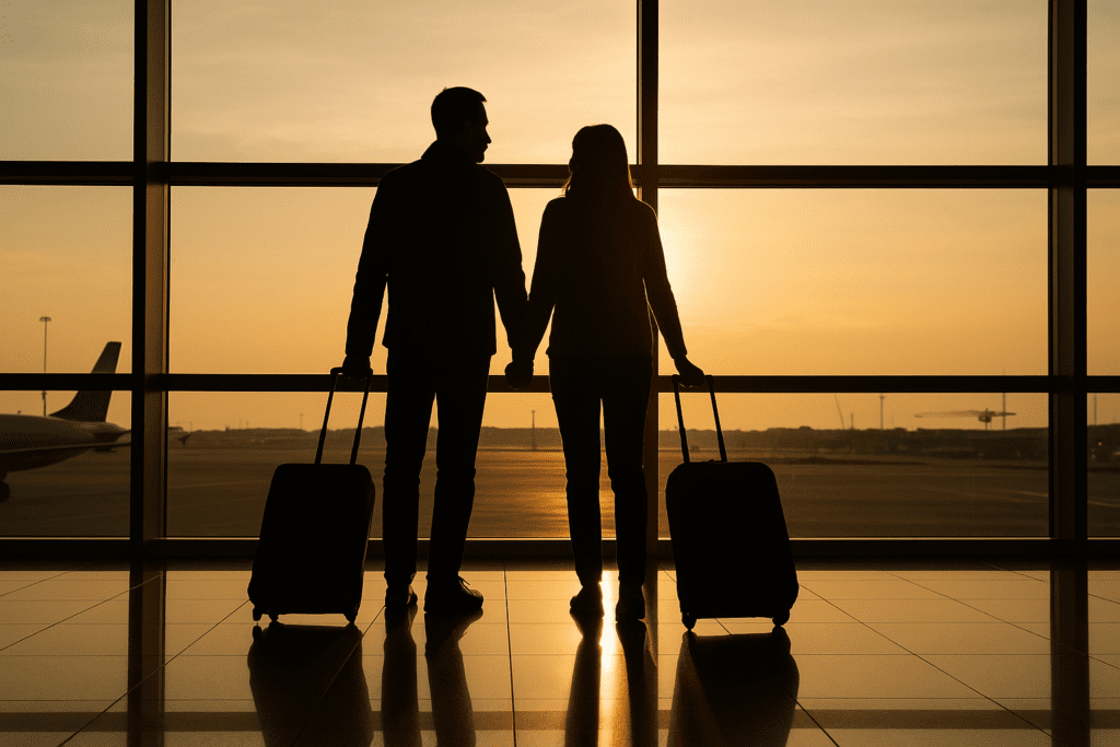 a silhouette of a man and woman holding hands with luggage