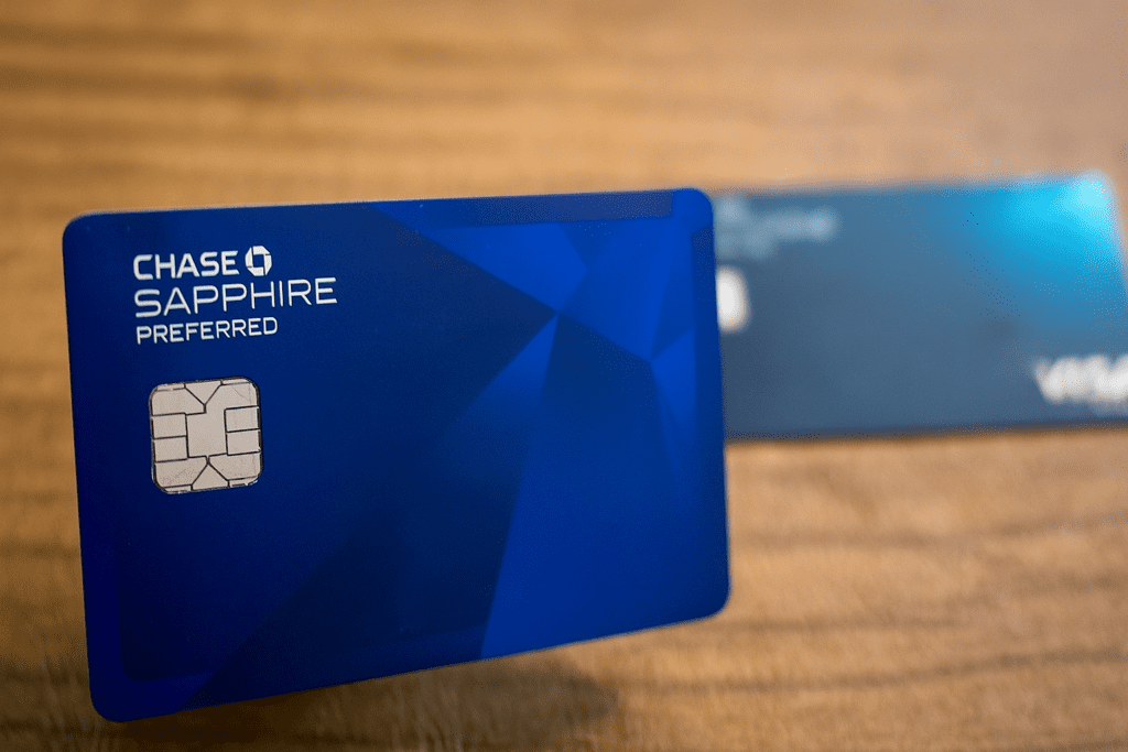 Close-up of the Chase Sapphire Preferred card in focus, with the Reserve card blurred in the background on a wooden surface.