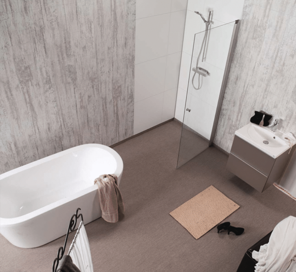 a bathroom with a bathtub and sink