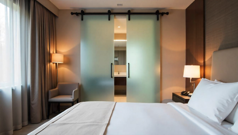 a bed with sliding glass doors