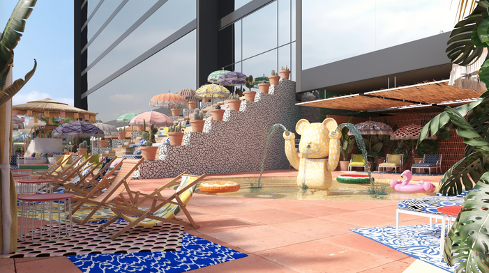 a building with a pool and chairs