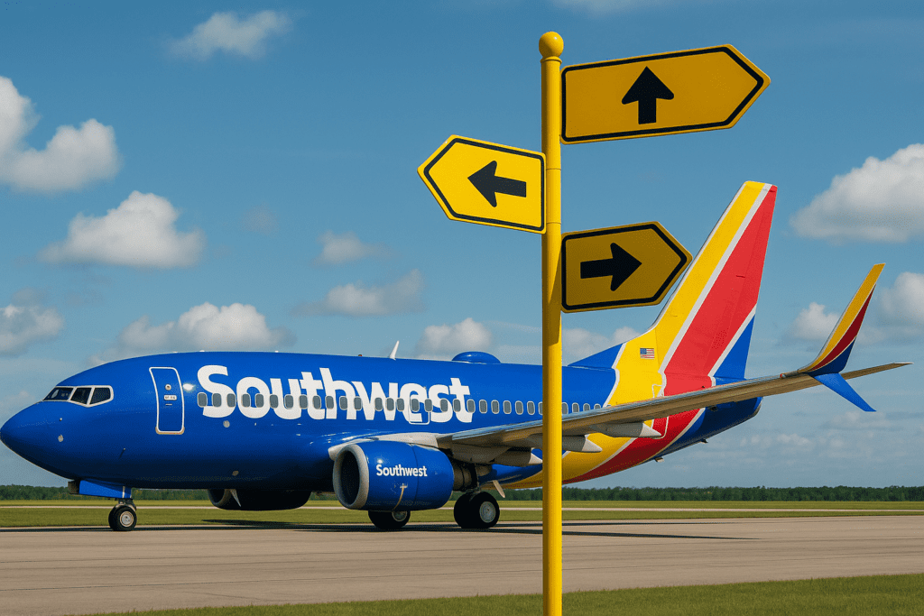 a blue airplane on a runway