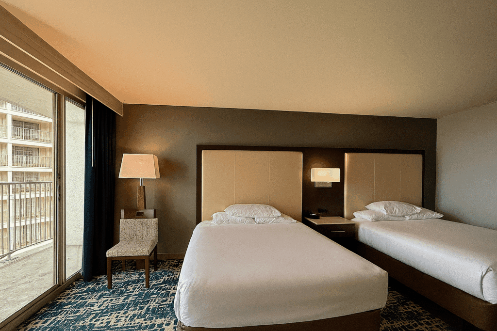 a room with two beds and a chair