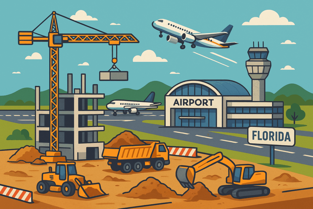 a cartoon of construction site with airplanes and a crane