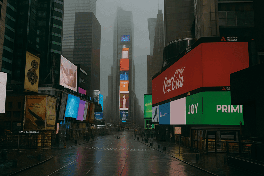 a city street with tall buildings and signs