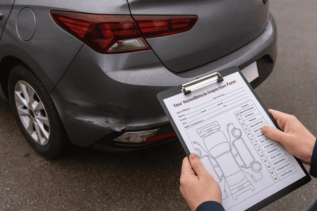 a person holding a clipboard with a damaged car