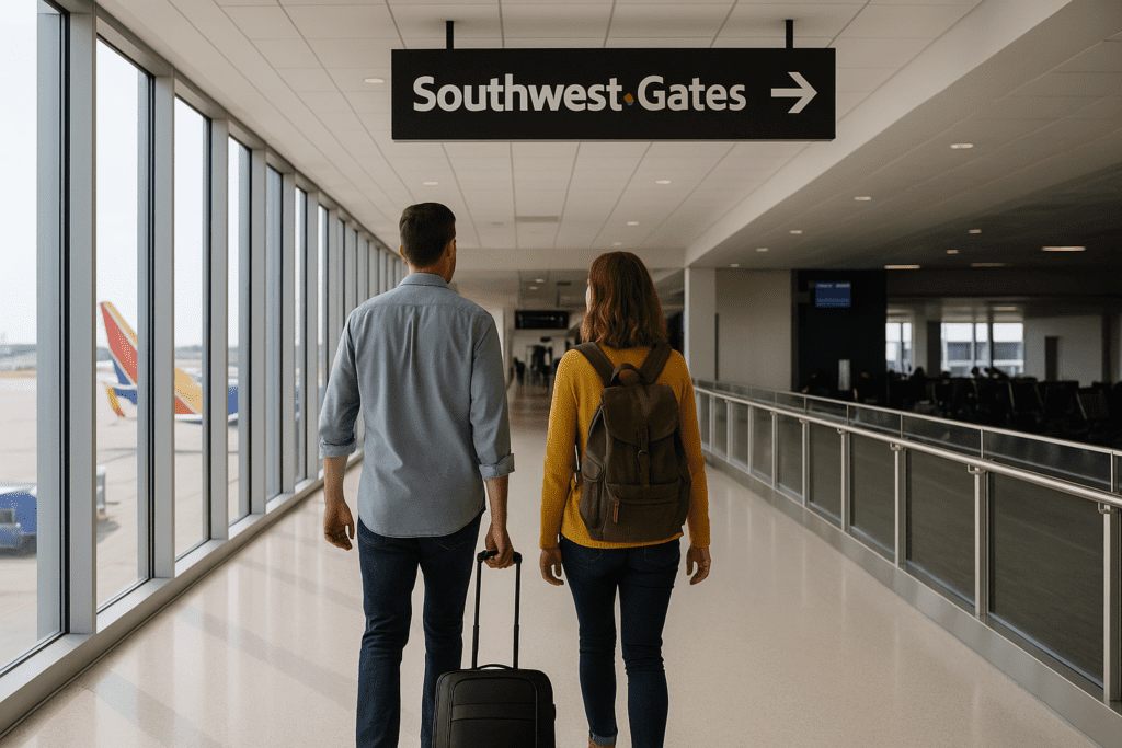 a man and woman walking in an airport