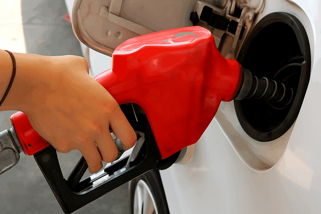 Person pumping gas into a car with a red fuel nozzle