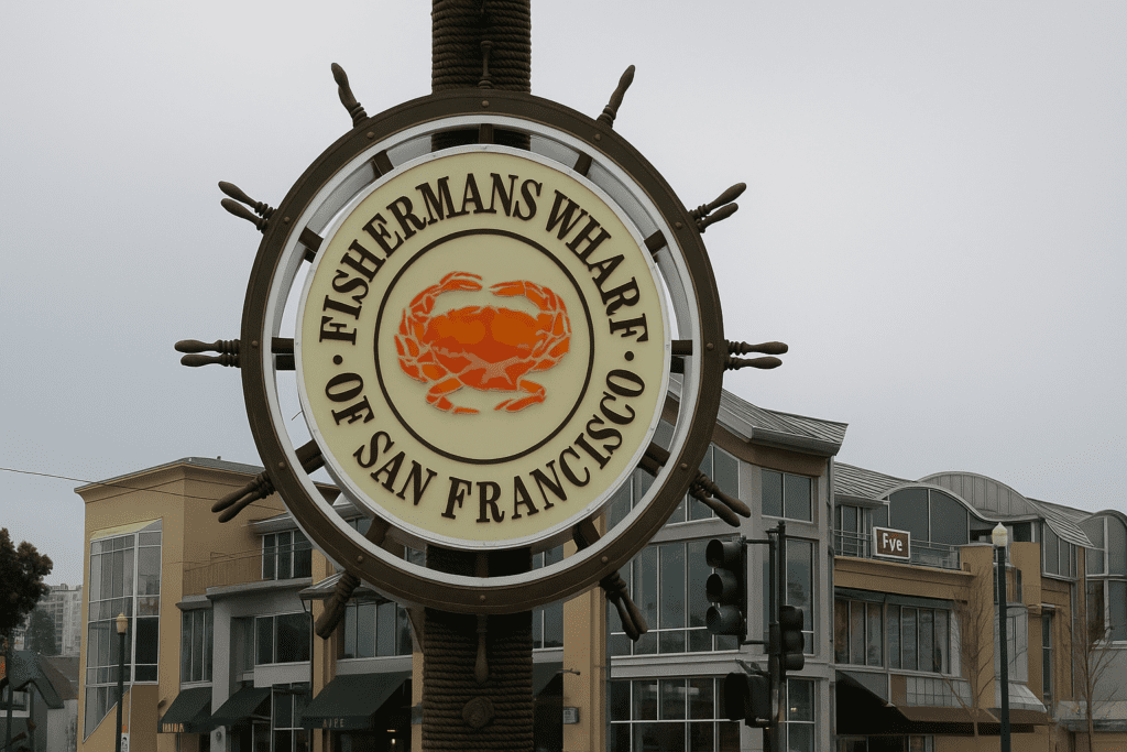 a sign on a pole with Fisherman's Wharf in the background