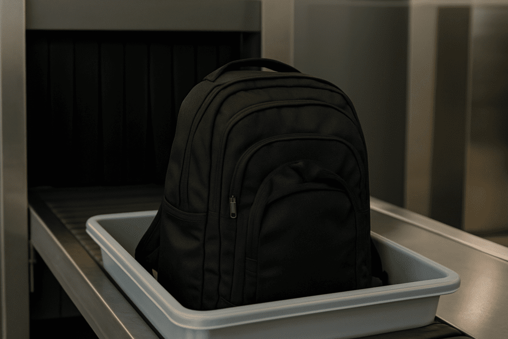 a black backpack in a white container