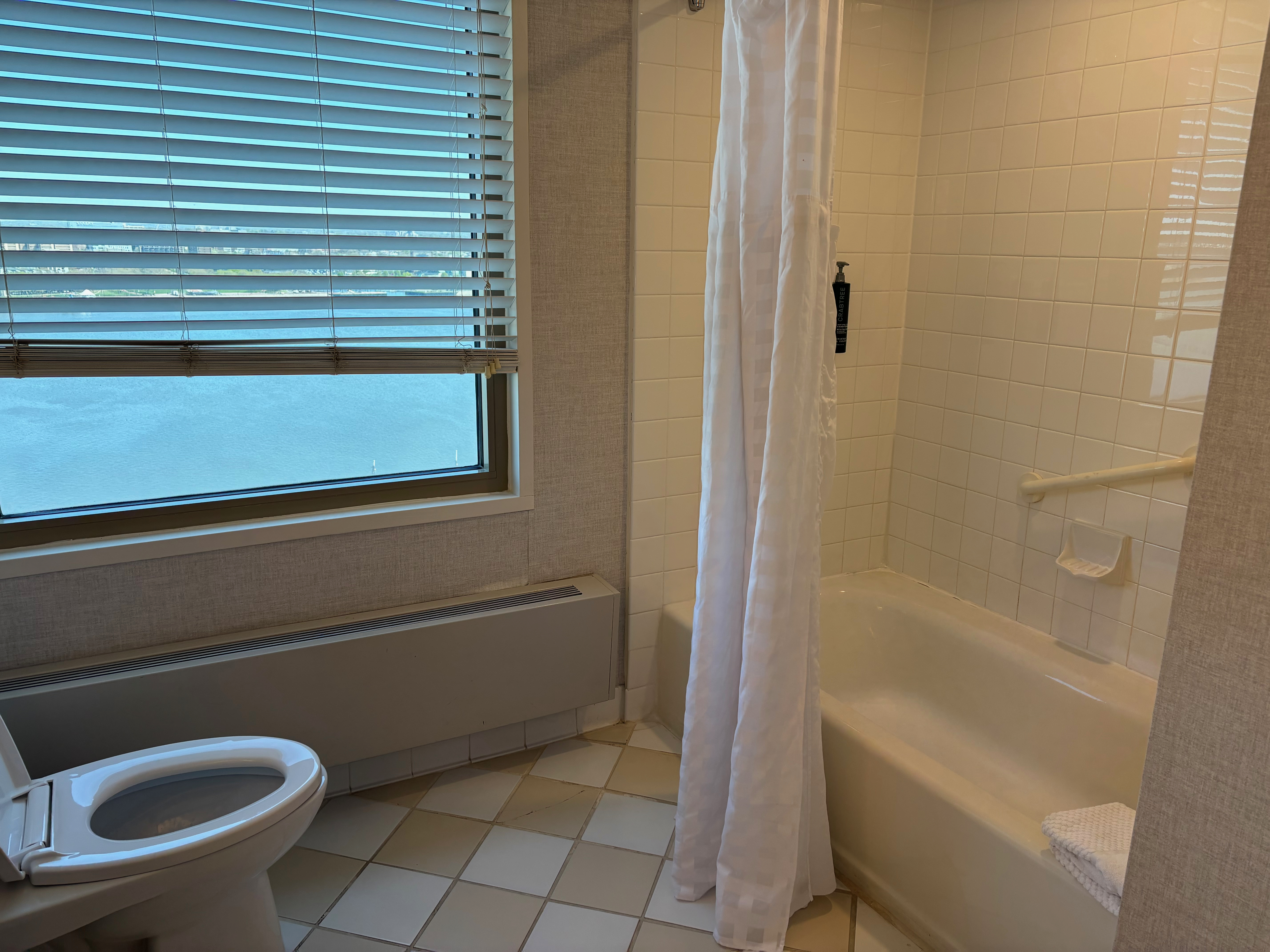 a bathroom with a toilet and a shower curtain
