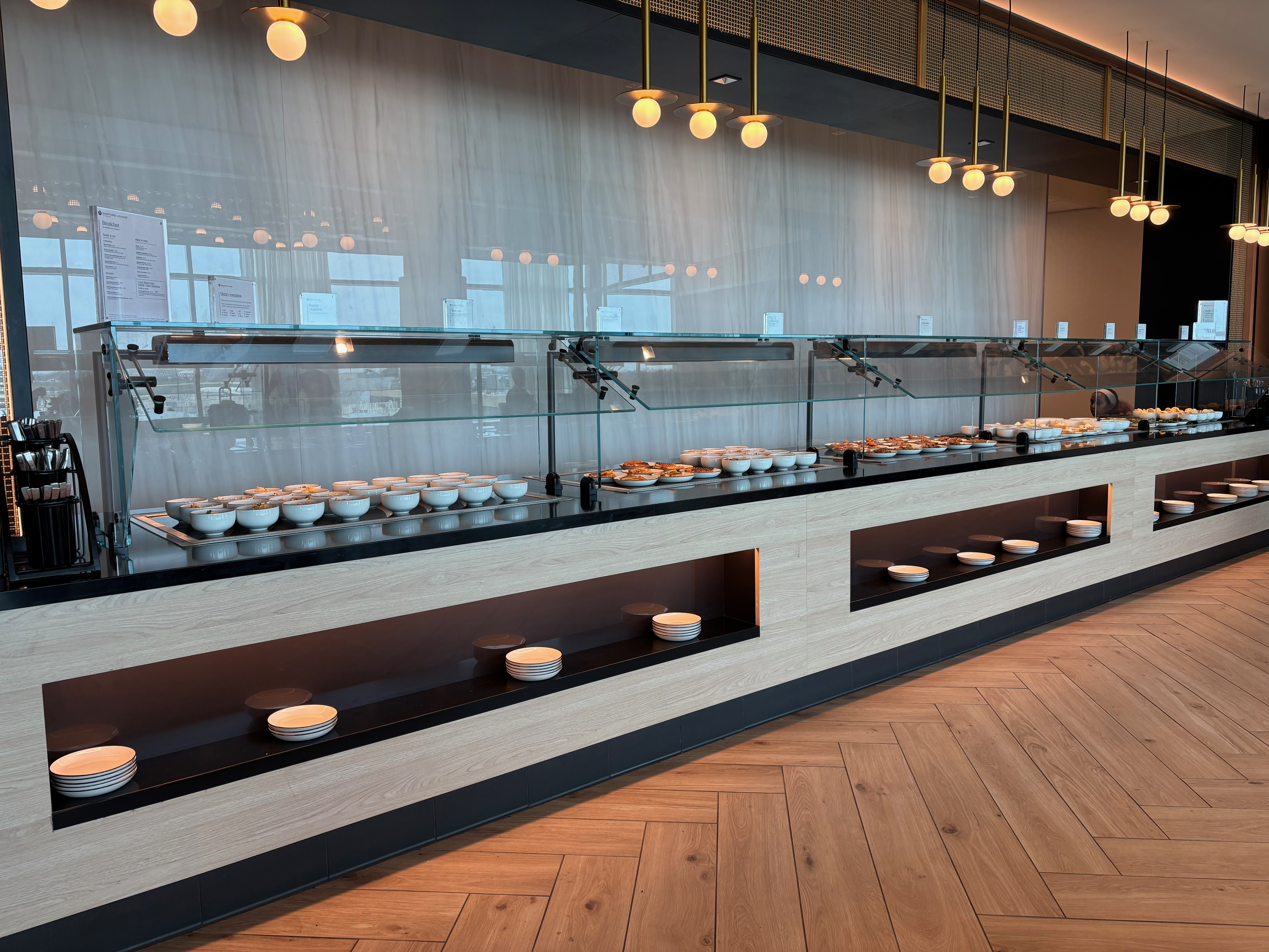 a buffet with food on shelves