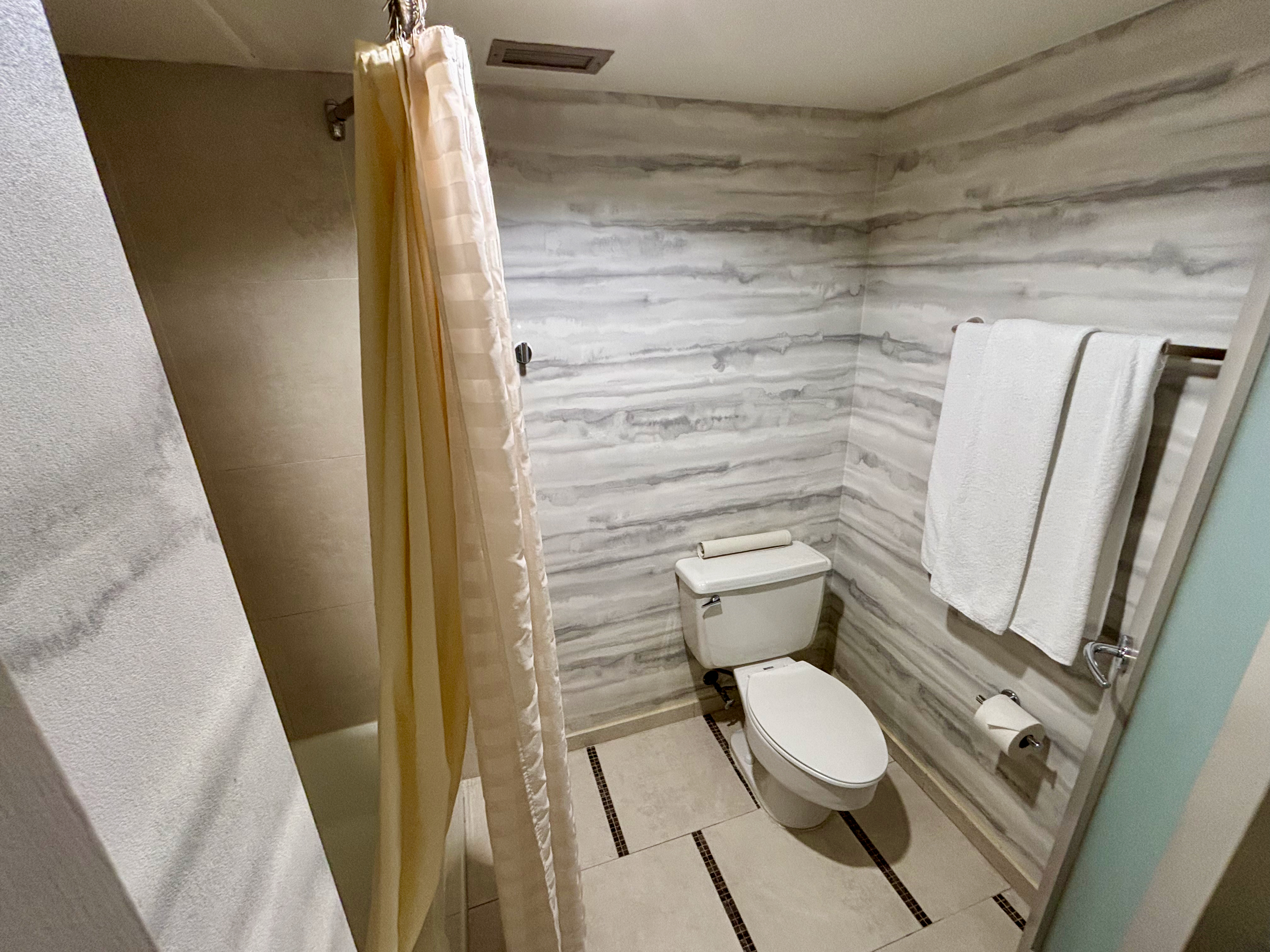 a bathroom with a shower curtain and toilet