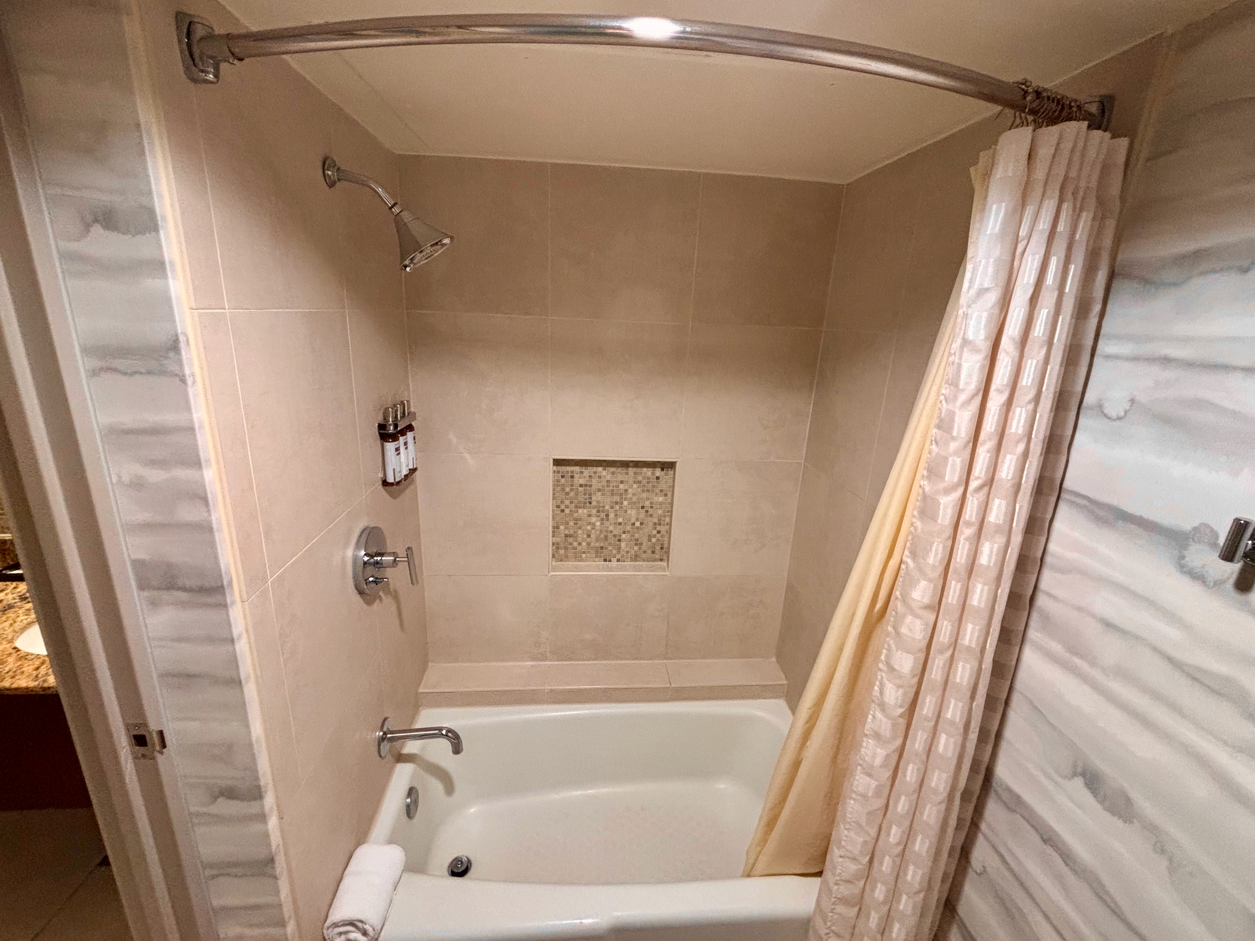 a shower curtain in a bathroom