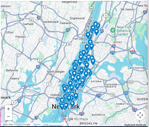 a map with blue pins