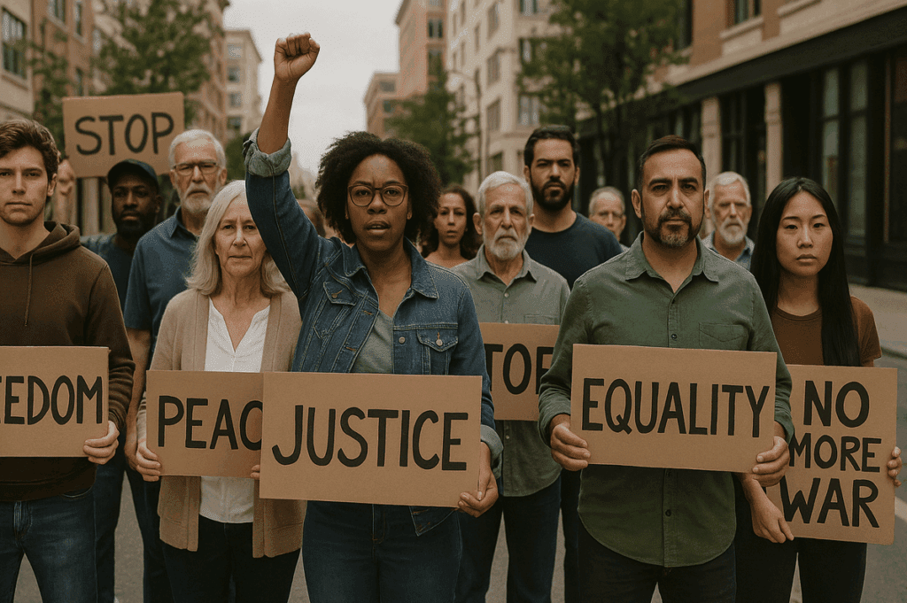 a group of people holding signs